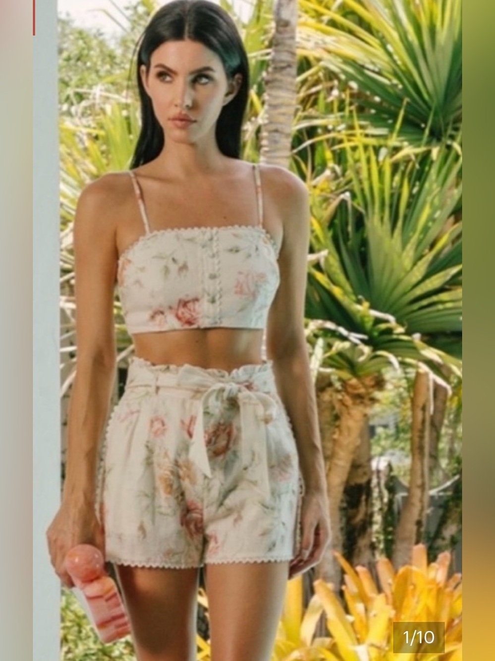 Caroline Constas linen blend short and cami set. Rose Floral